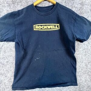 Vintage Rockwell T Shirt Men Navy Blue Wordmark Logo Short Sleeve Pullover Retro